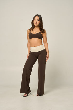 FOLD OVER STRAIGHT LEG PANTS (REG) - ESPRESSO/BONE