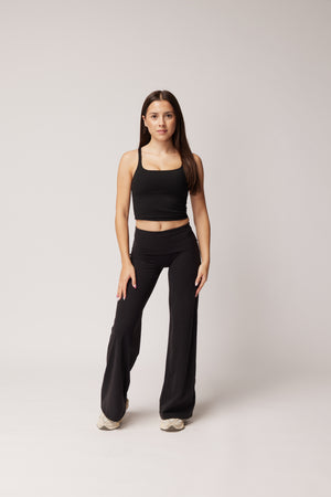 FOLD OVER STRAIGHT LEG PANTS (PETITE) - BLACK