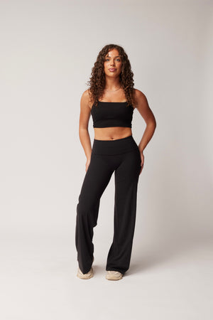 FOLD OVER STRAIGHT LEG PANTS (REG) - BLACK